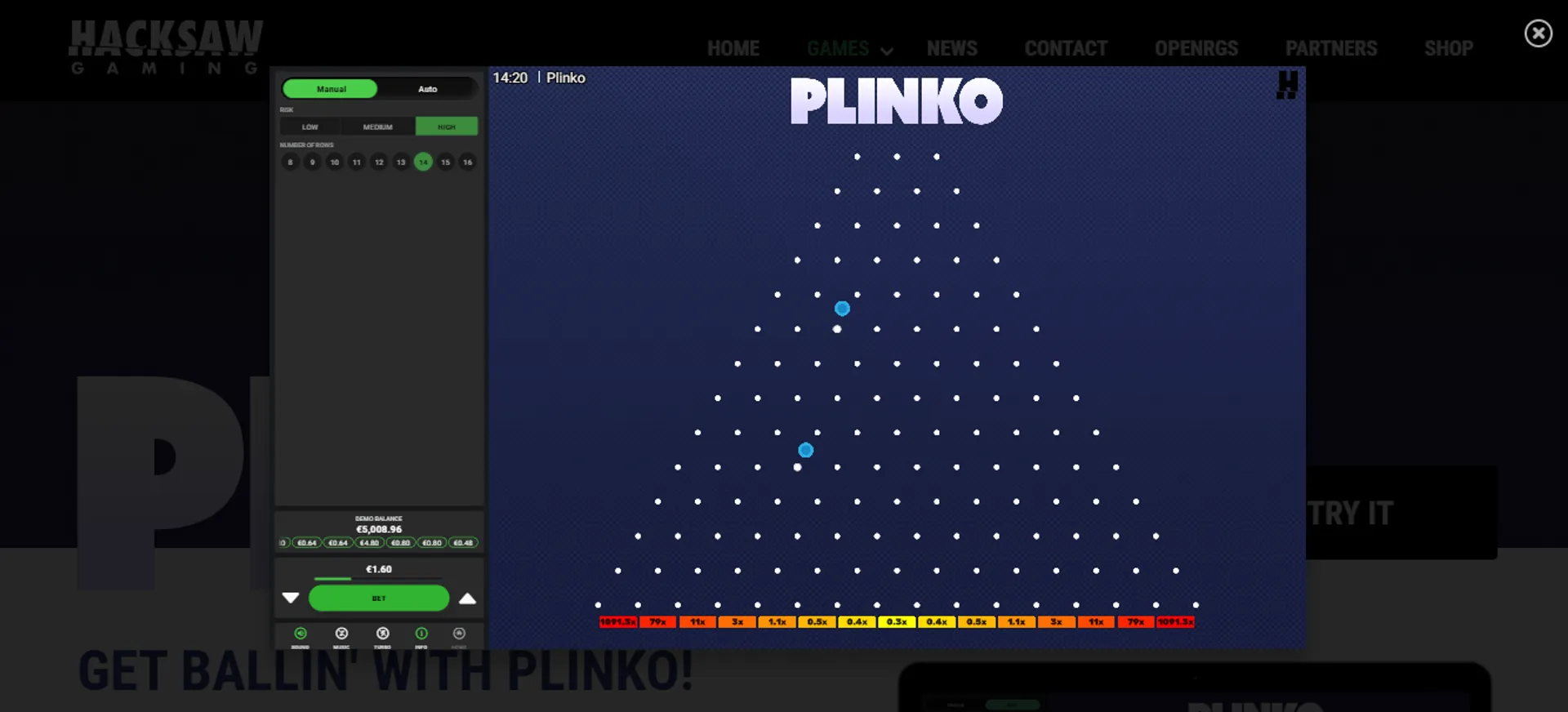 Así luce la pantalla de juego principal en Plinko Dare2Win