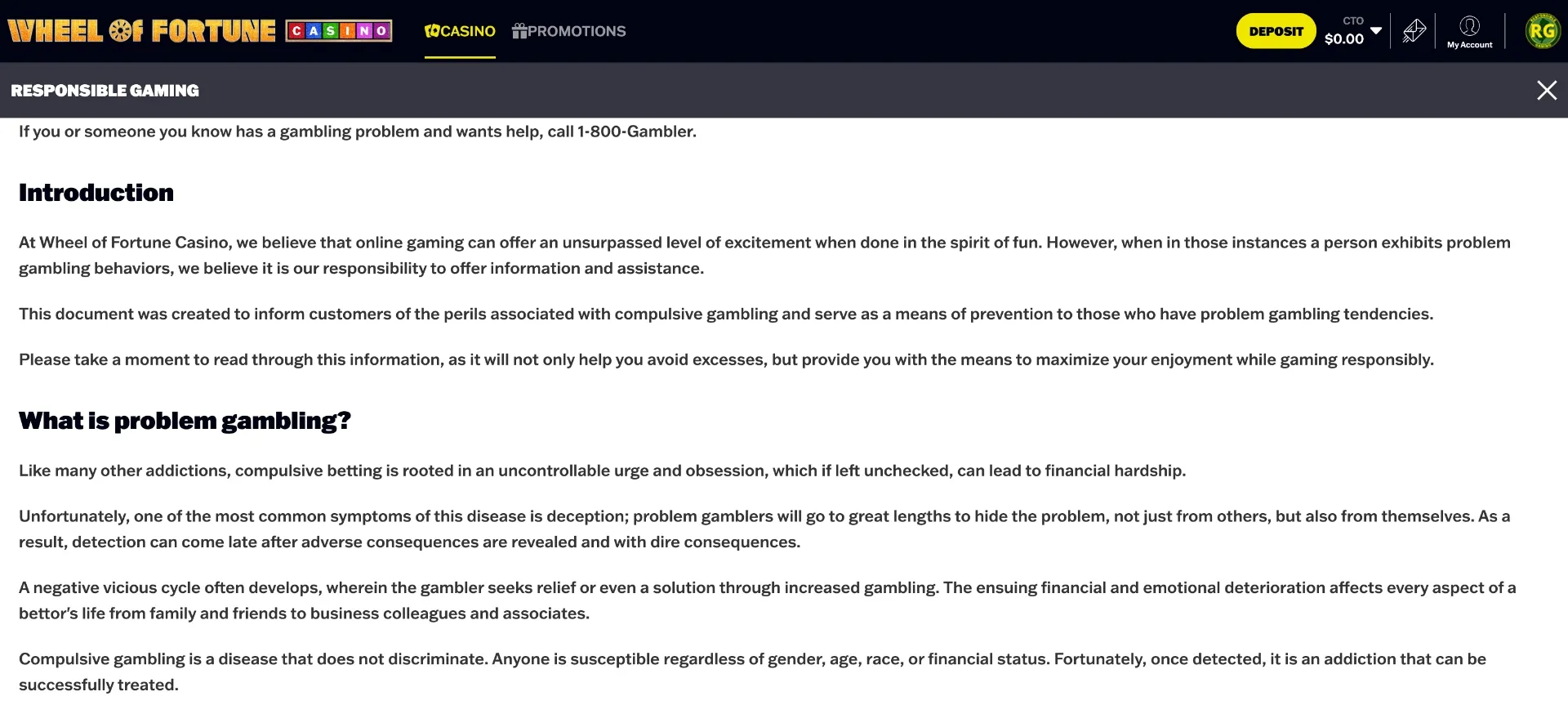 Responsible gambling tools at Wheel of Fortune Casino