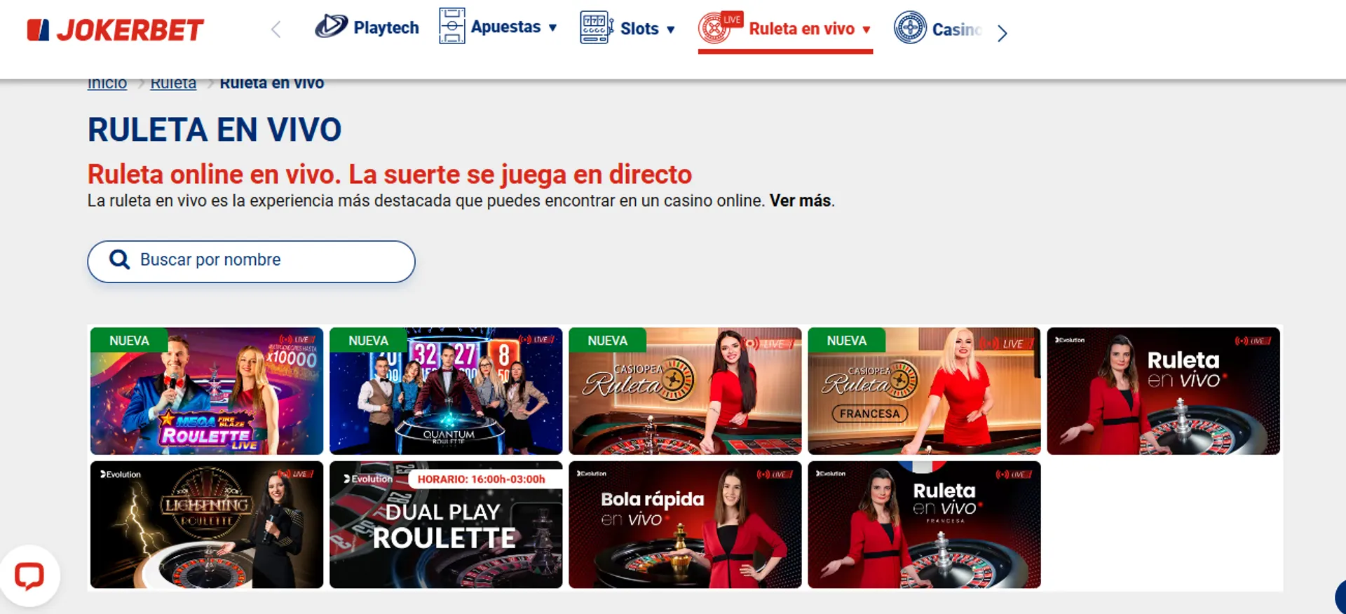 La ruleta es el único tipo de juego en vivo en Jokerbet