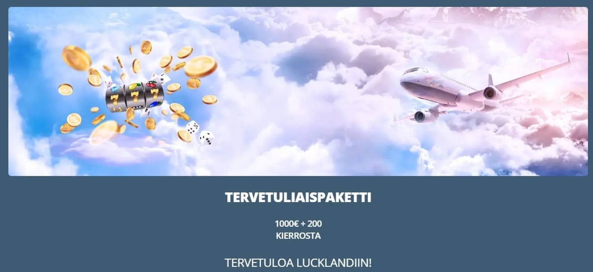 Pilviä taivalla ja lentokone ja kolikkopelistä lentäviä kolikoita