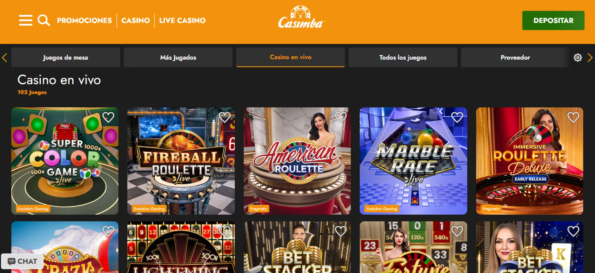 Catálogo de juegos de casino en vivo en Casimba