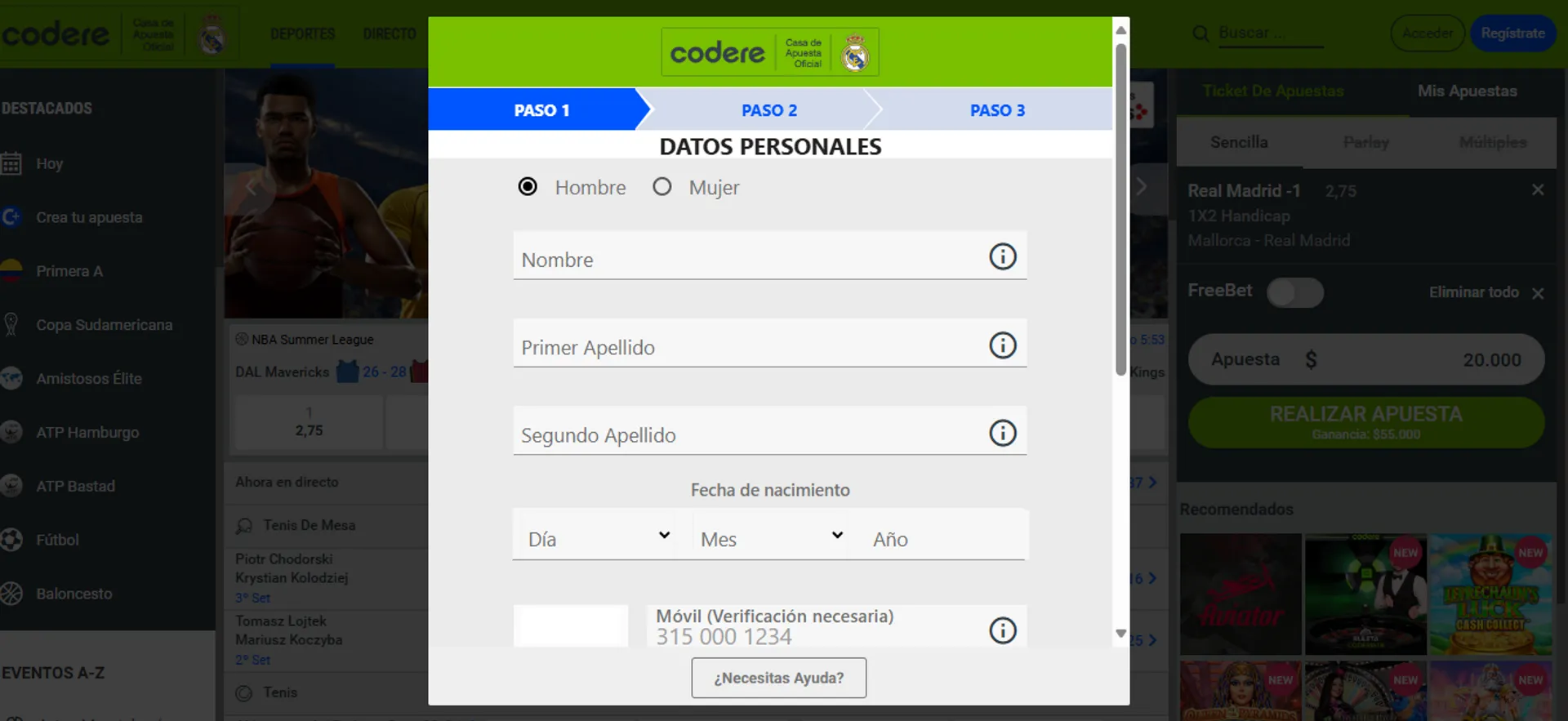 Formulario de inscripción de la casa de apuestas Codere