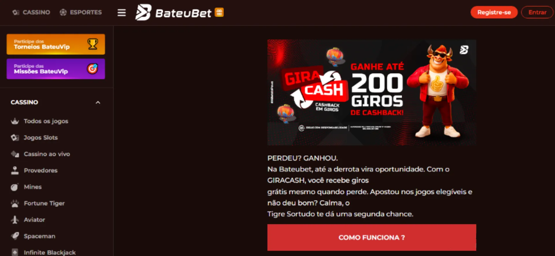 aba da promoção Gira Cash em BateBet