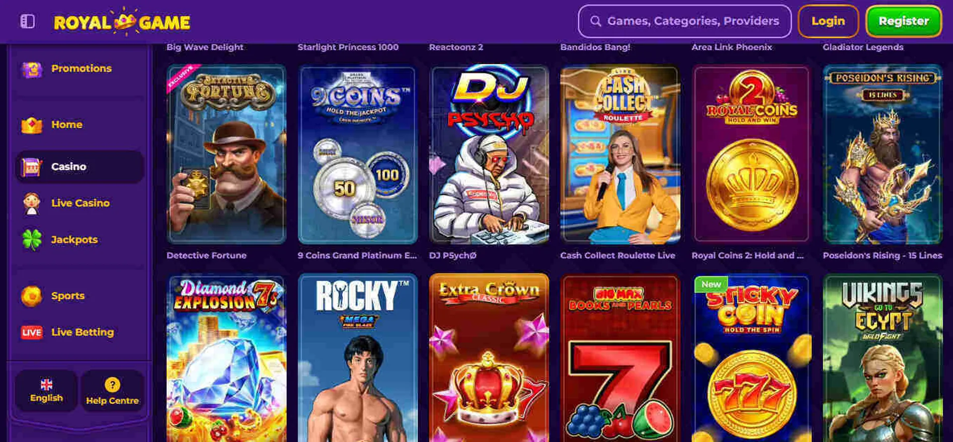 RoyalGame Casino's slot selection