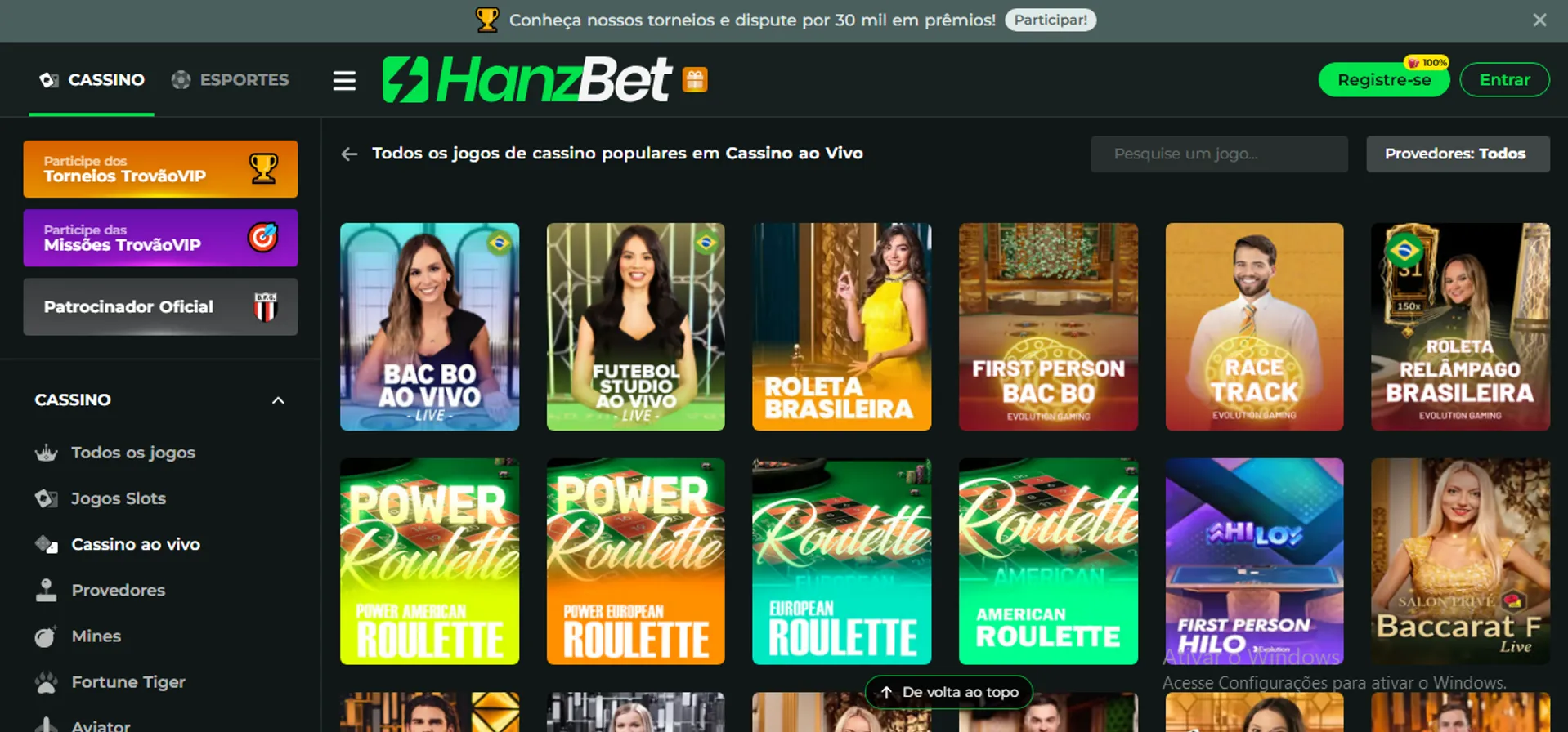 tela do cassino ao vivo da hanzbet