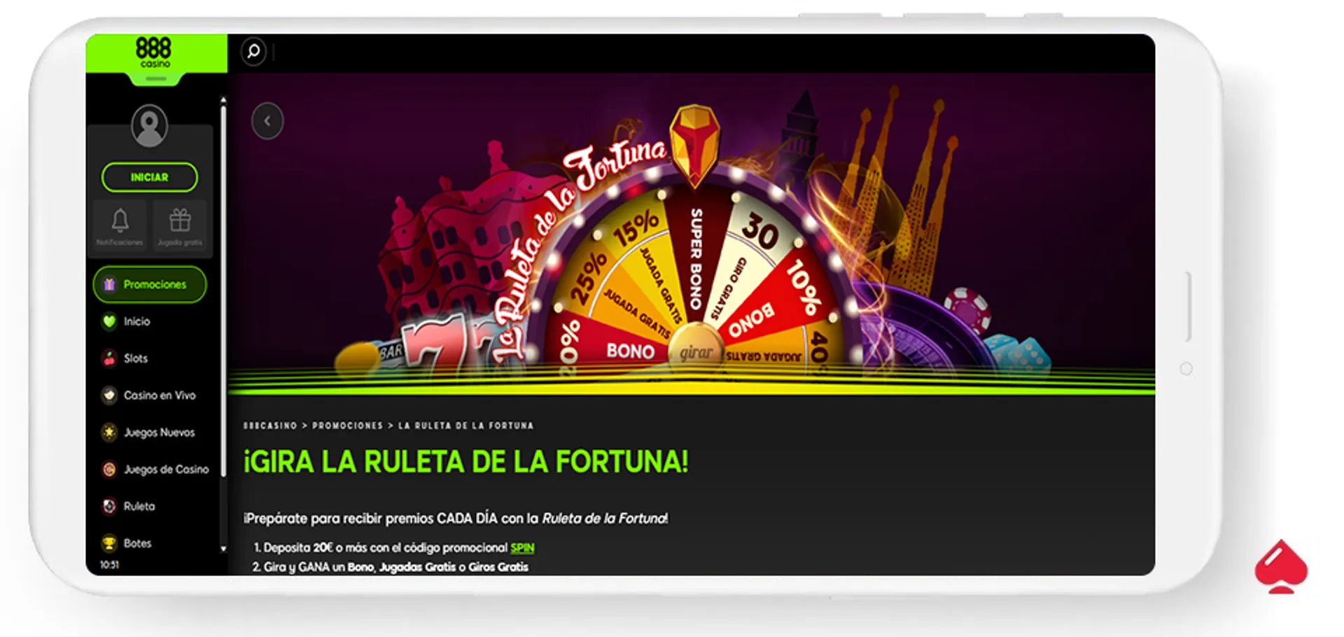 Rueda de la fortuna en el casino 888