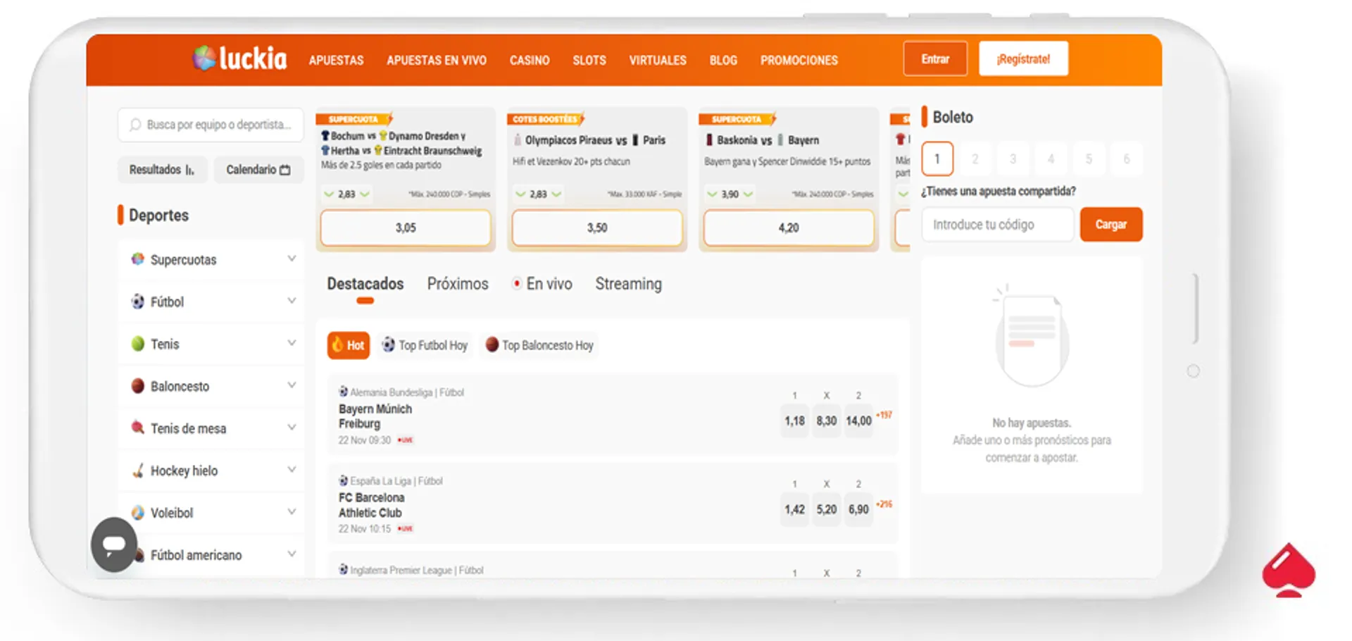 Captura de la sección deportiva de Luckia, una plataforma que aepta Google Pay