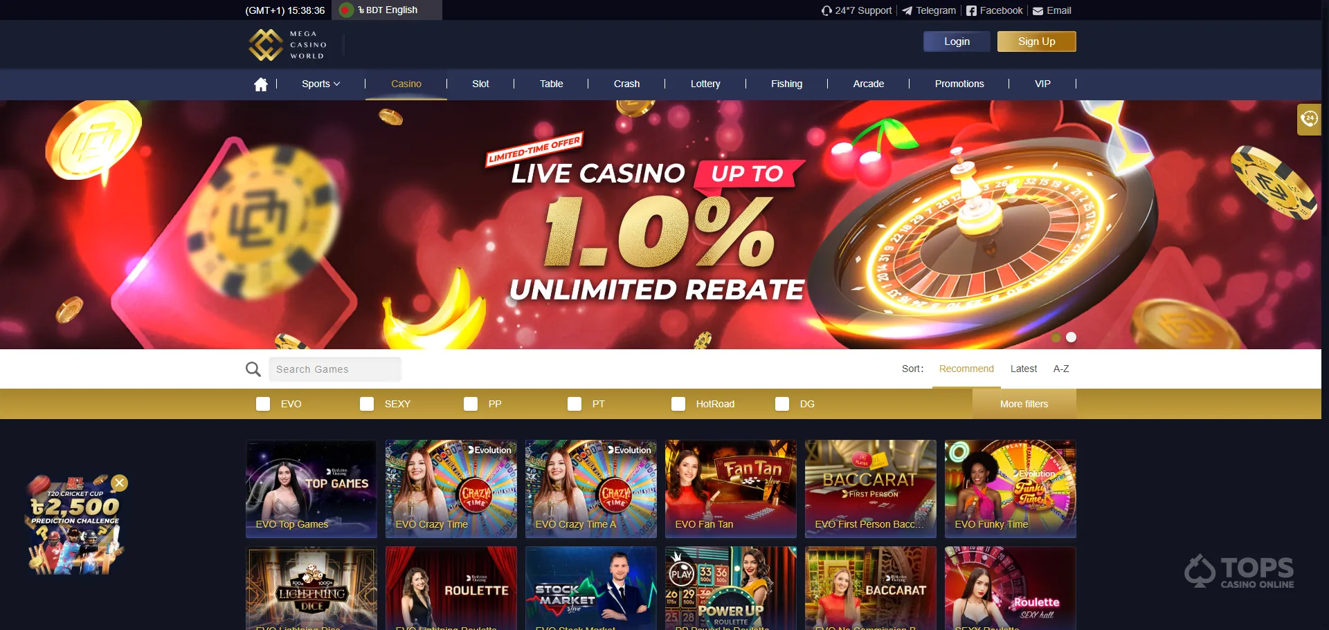 Mega casino world illustration of the homepage with welcome bonus and live casino games