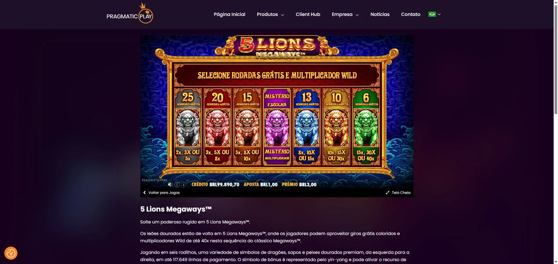 escolha de bônus no 5 Lions Megaways demo