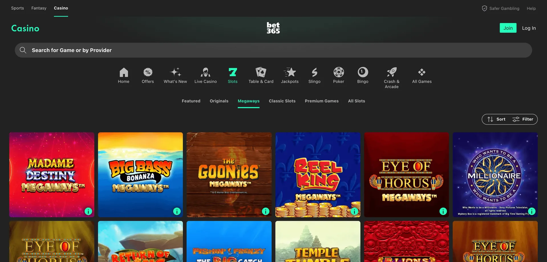 bet365 megaways slot selection