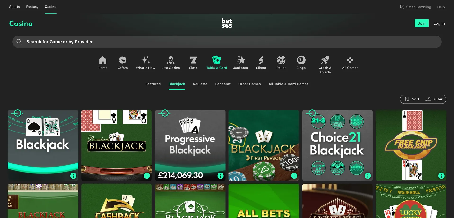 bet365 blackjack selection