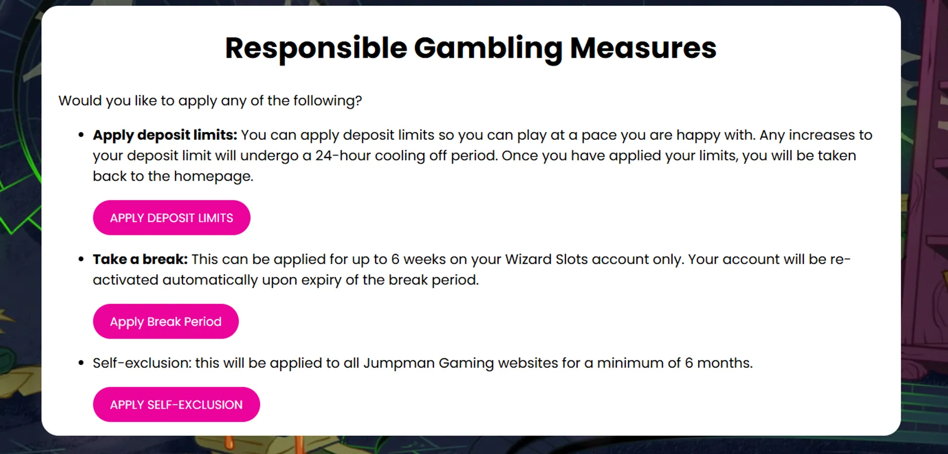 Responsible gambling tools at Wizard Slots casino