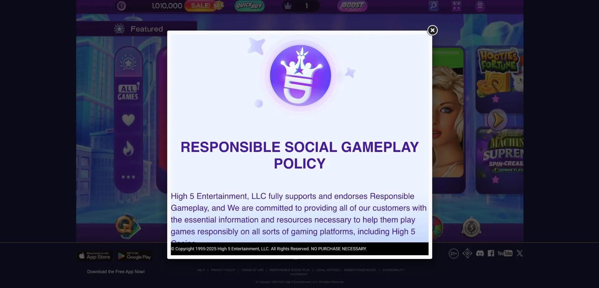 high 5 casino responsible social gameplay policy