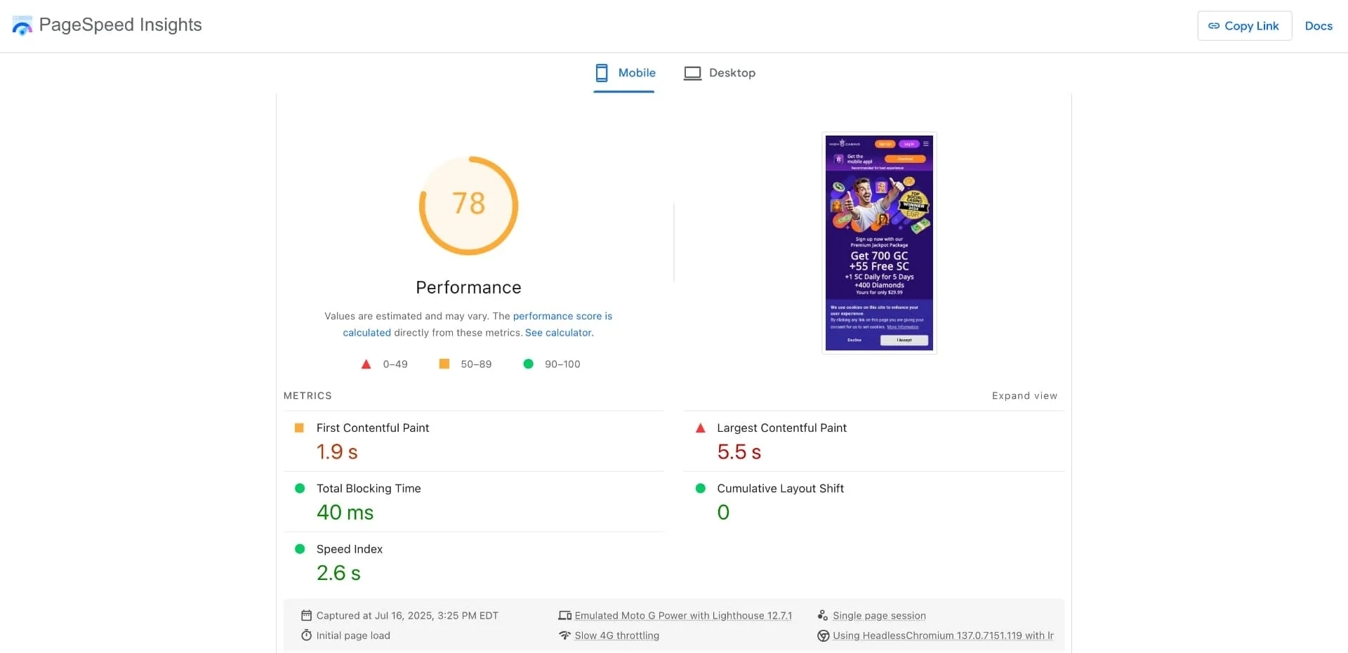 high 5 casino page speed