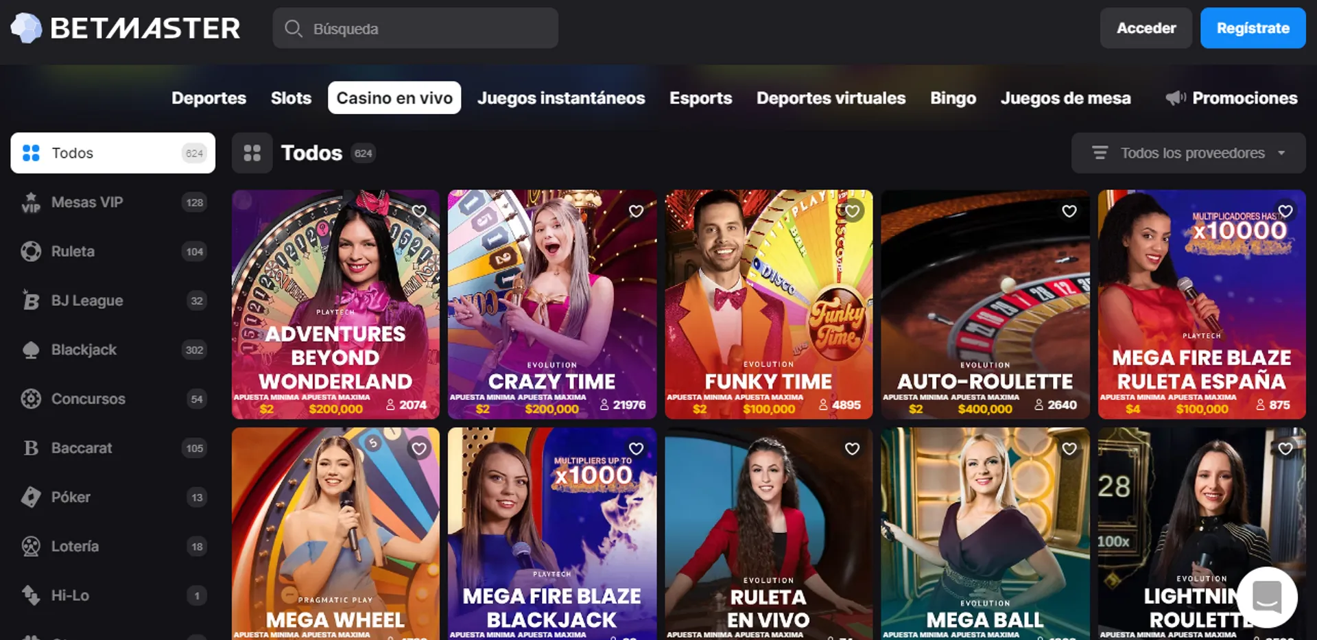 Betmaster tiene una completa sección de casino en vivo