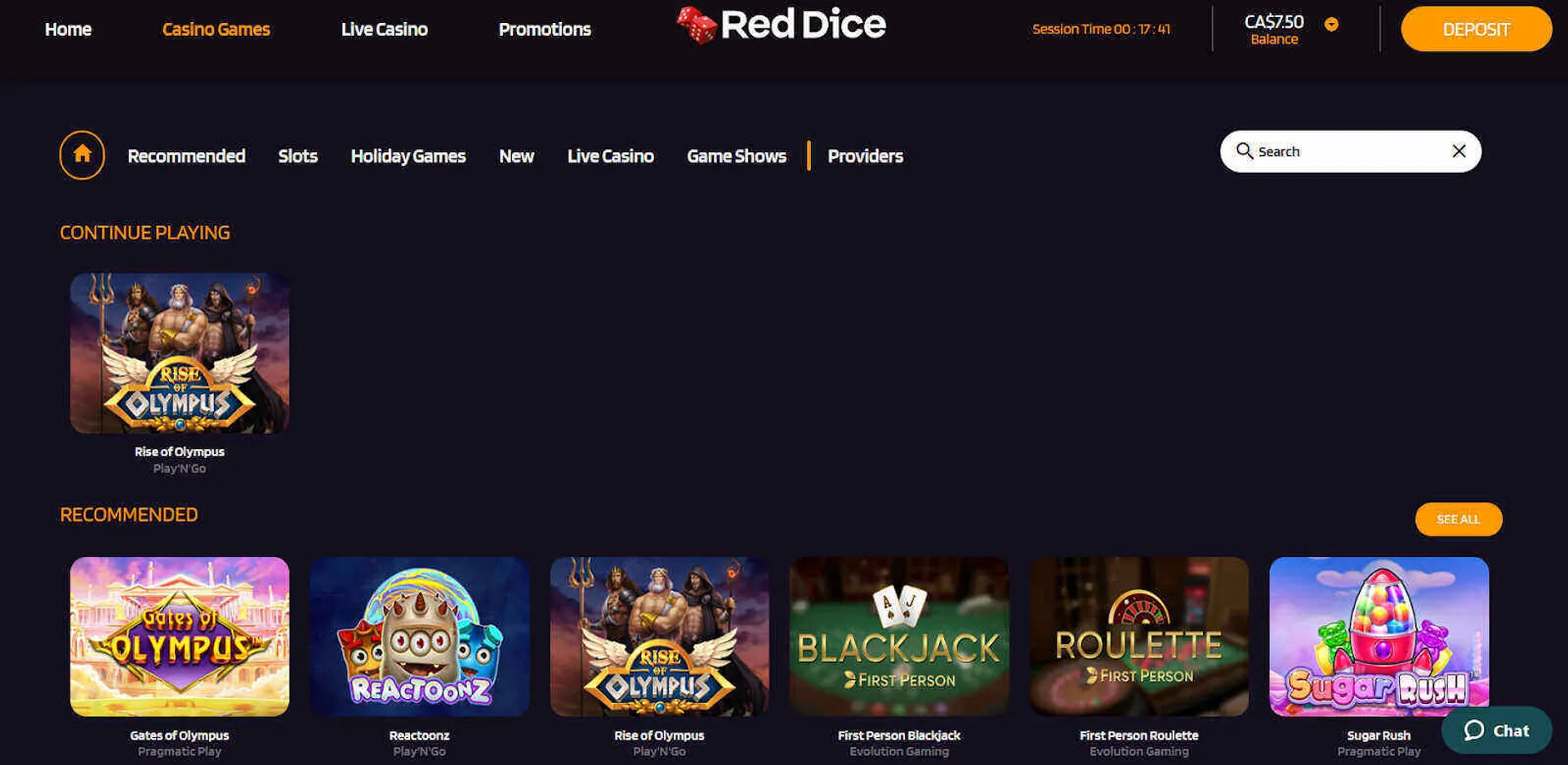 Casino game library at RedDice casino