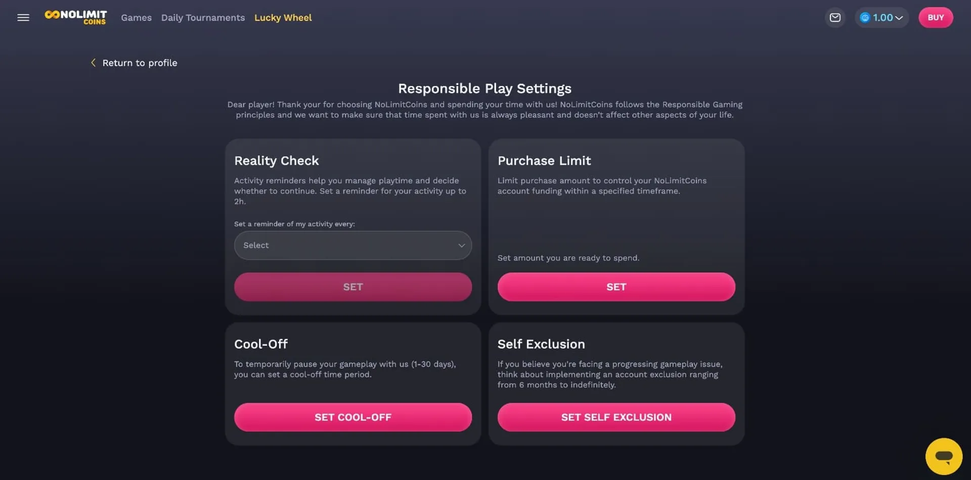 NoLimitCoins casino responsible play settings