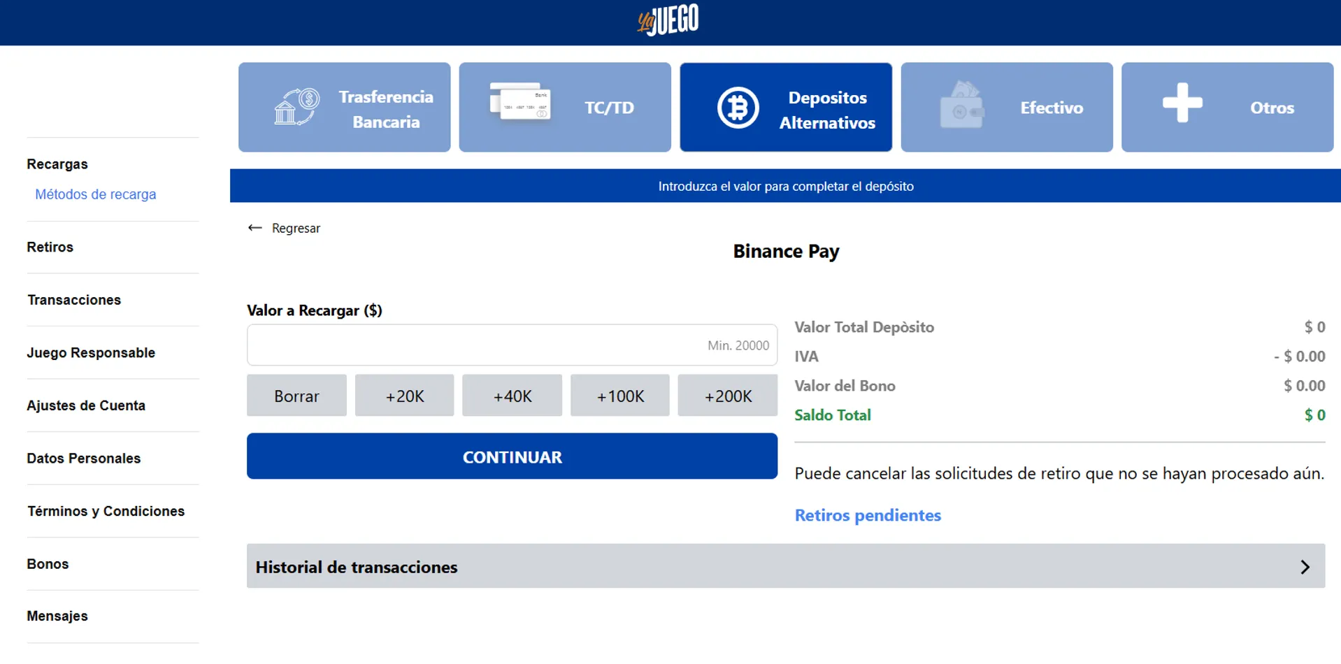Así se ve un pago mediante Binance Pay en YaJuego Colombia