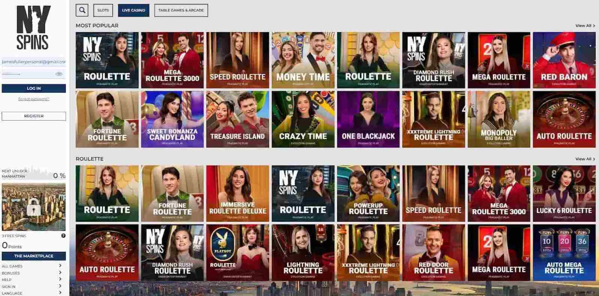 NYSpins Live Casino Games