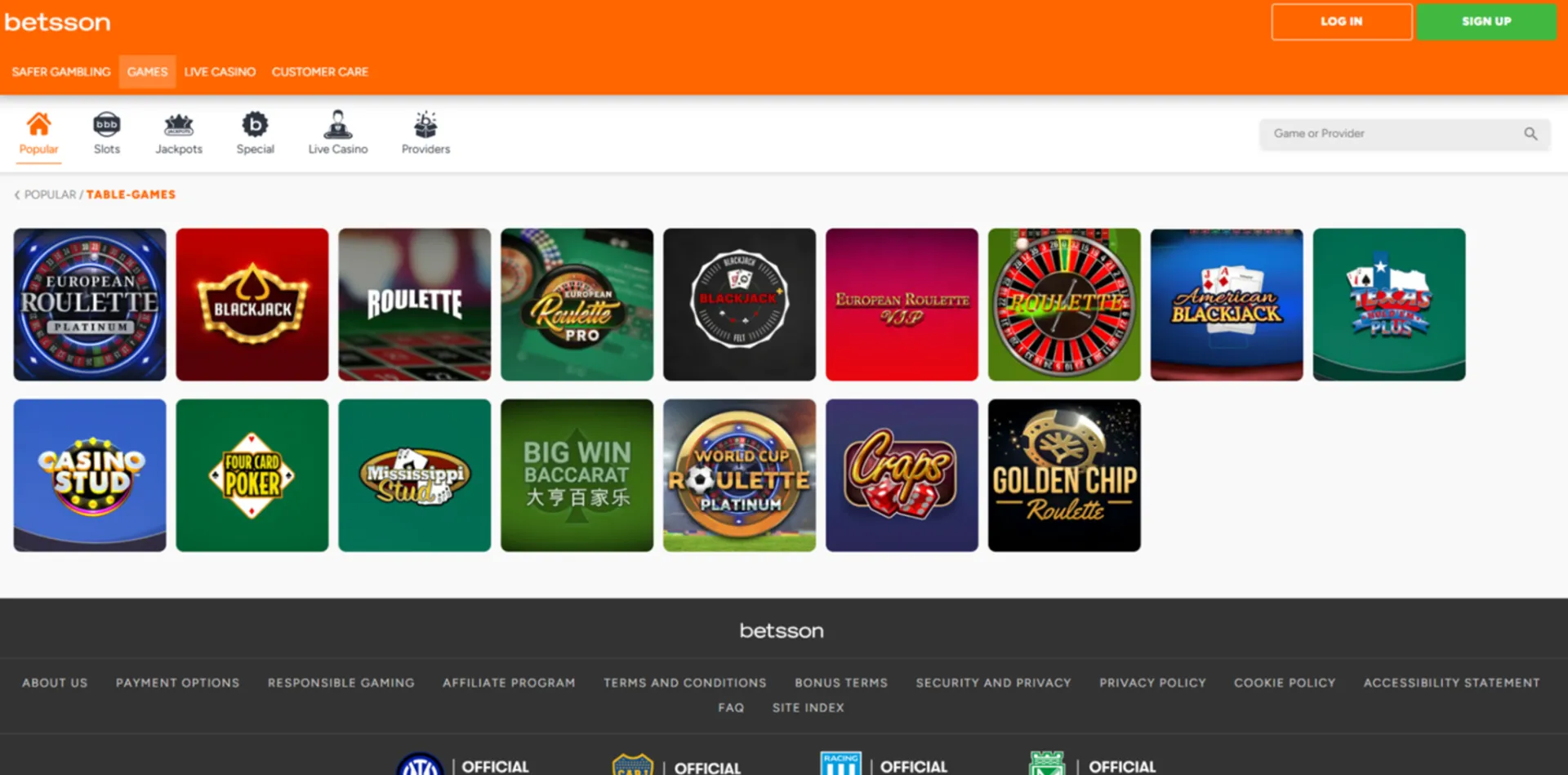 Betsson casino table games