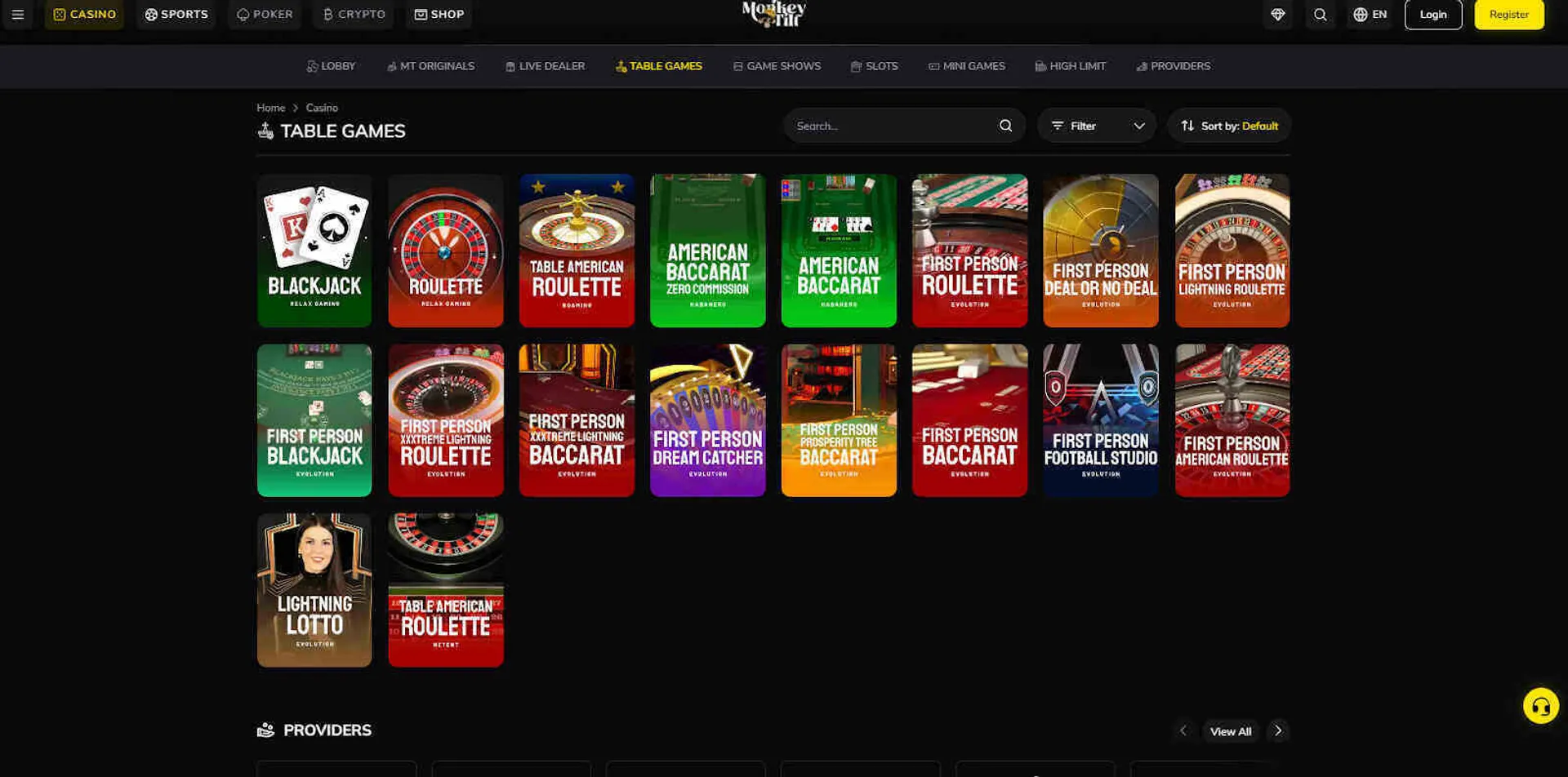 Table games available on Monkey Tilt Casino