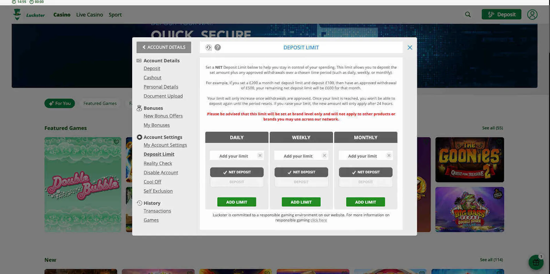 Luckster responsible gambling tools