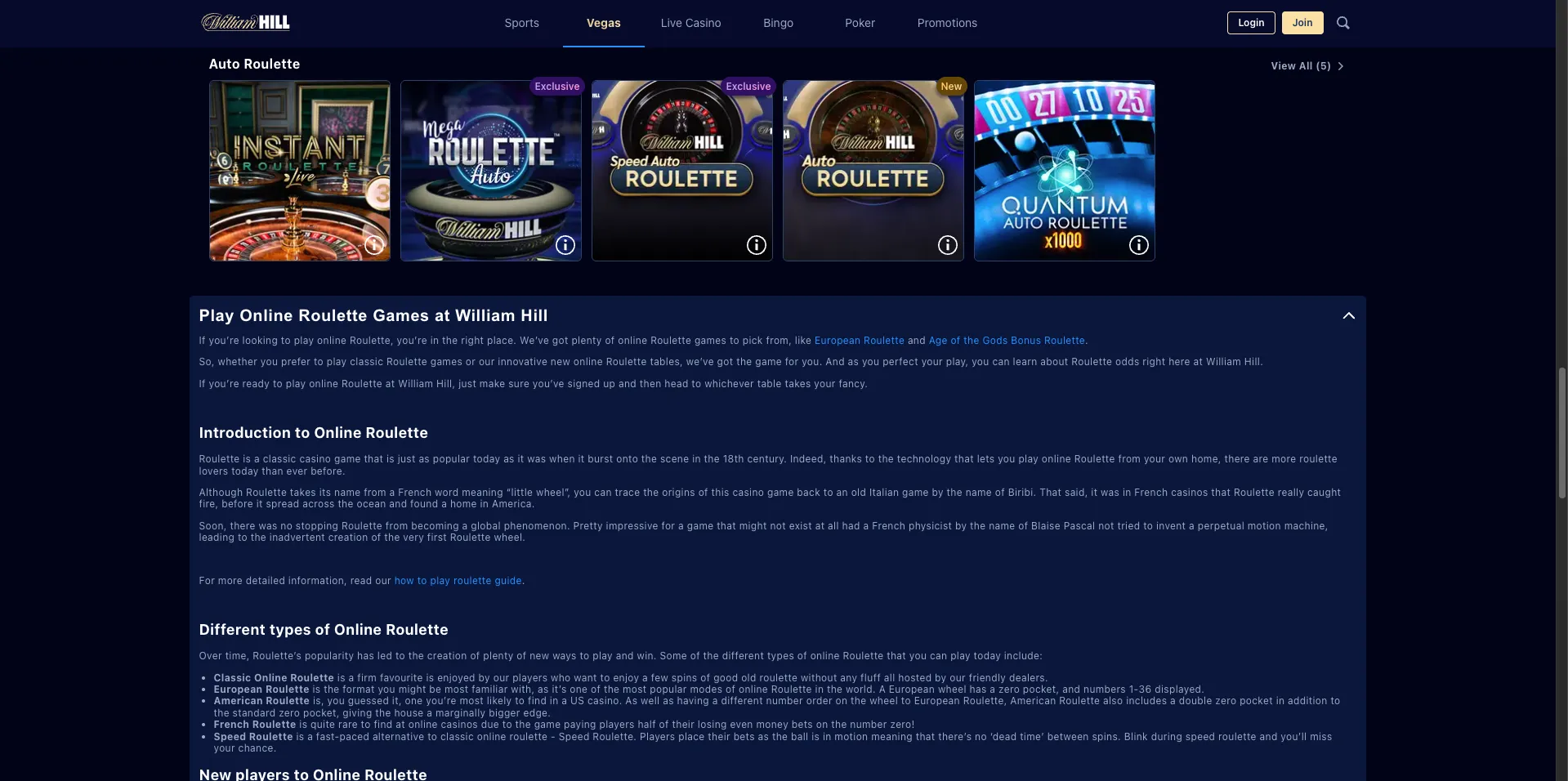 William Hill Casino table games