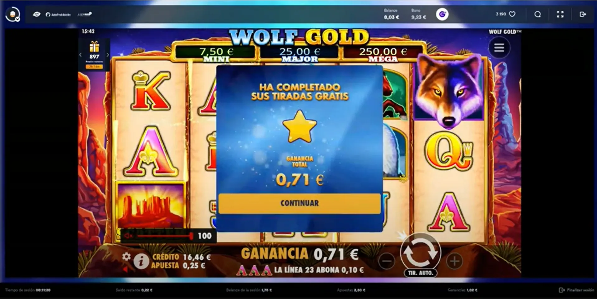 Este es el mensaje que aparece tras finalizar la ronda de giros gratis en Wolf Gold