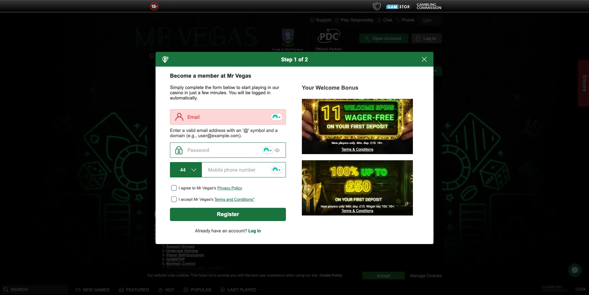 Sign up step at Mr Vegas