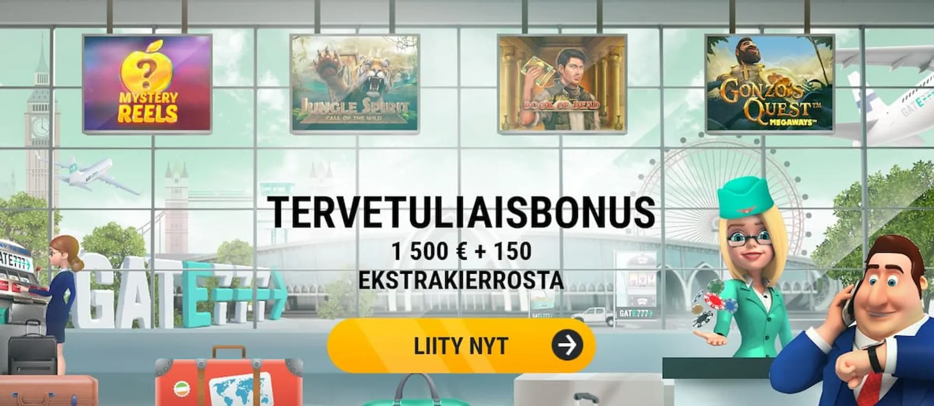 Lentokenttä tausta, jossa lentohenkilöitä ja ilmoitustauluja