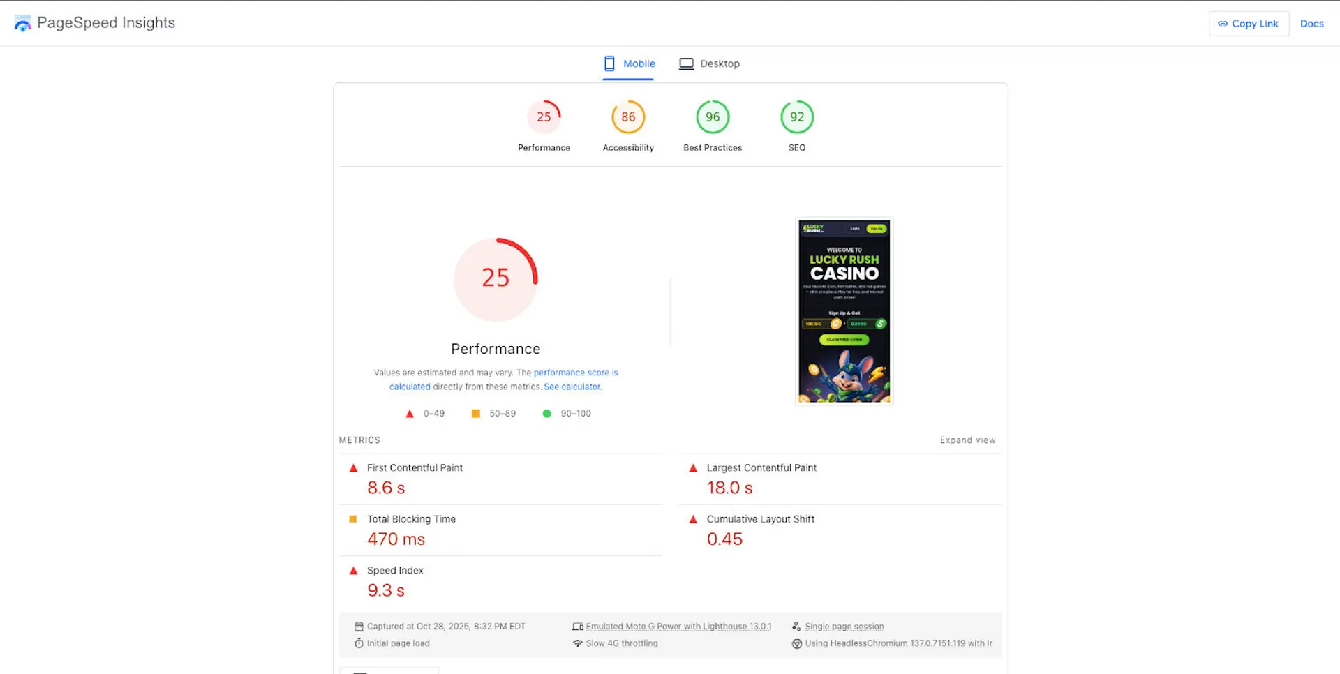 LuckyRush user experience and site performance