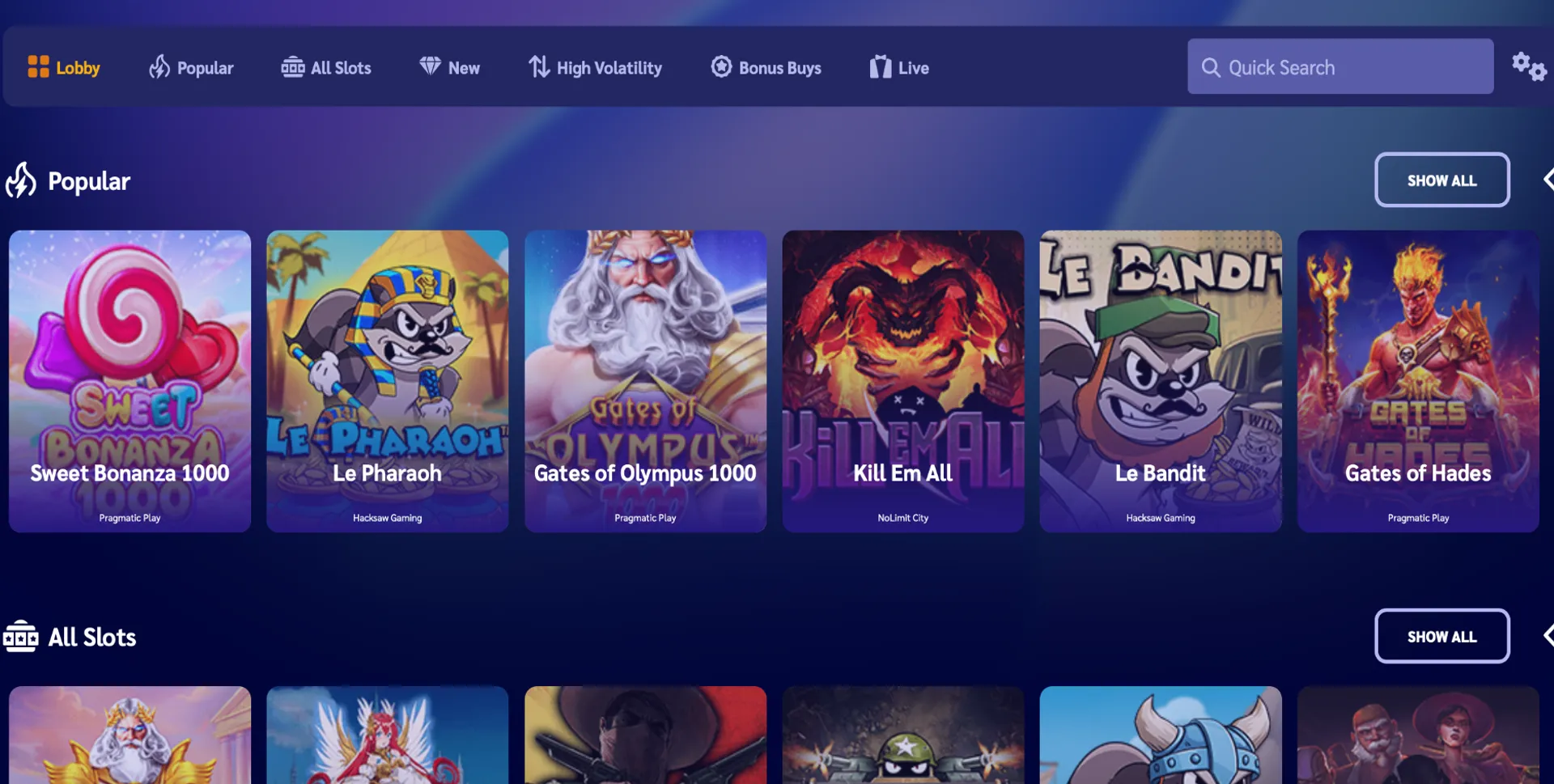 Game selection at ShinyWilds Casino