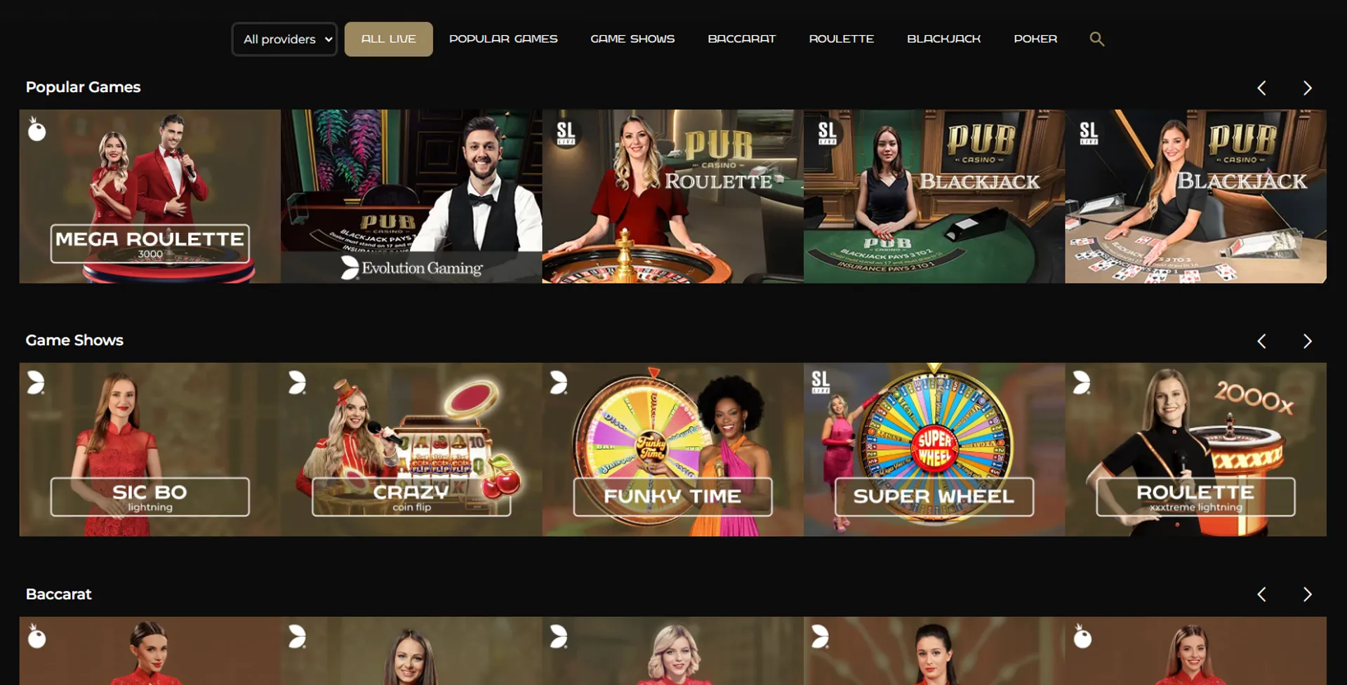 Live casino at Pub Casino