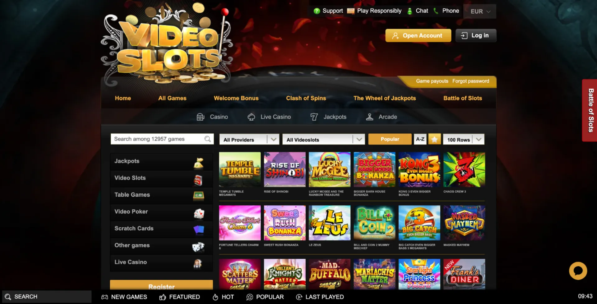 Slot selection at VideoSlots