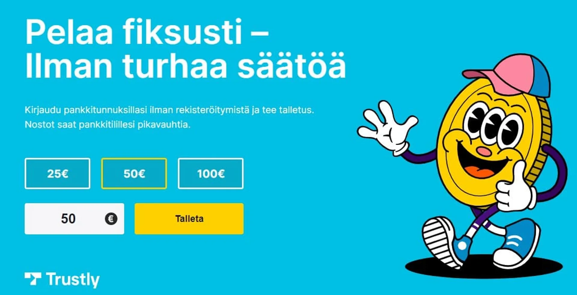 Kolikkohahmo jolla on kädet ja jalat ja kutsuu pelaamaan