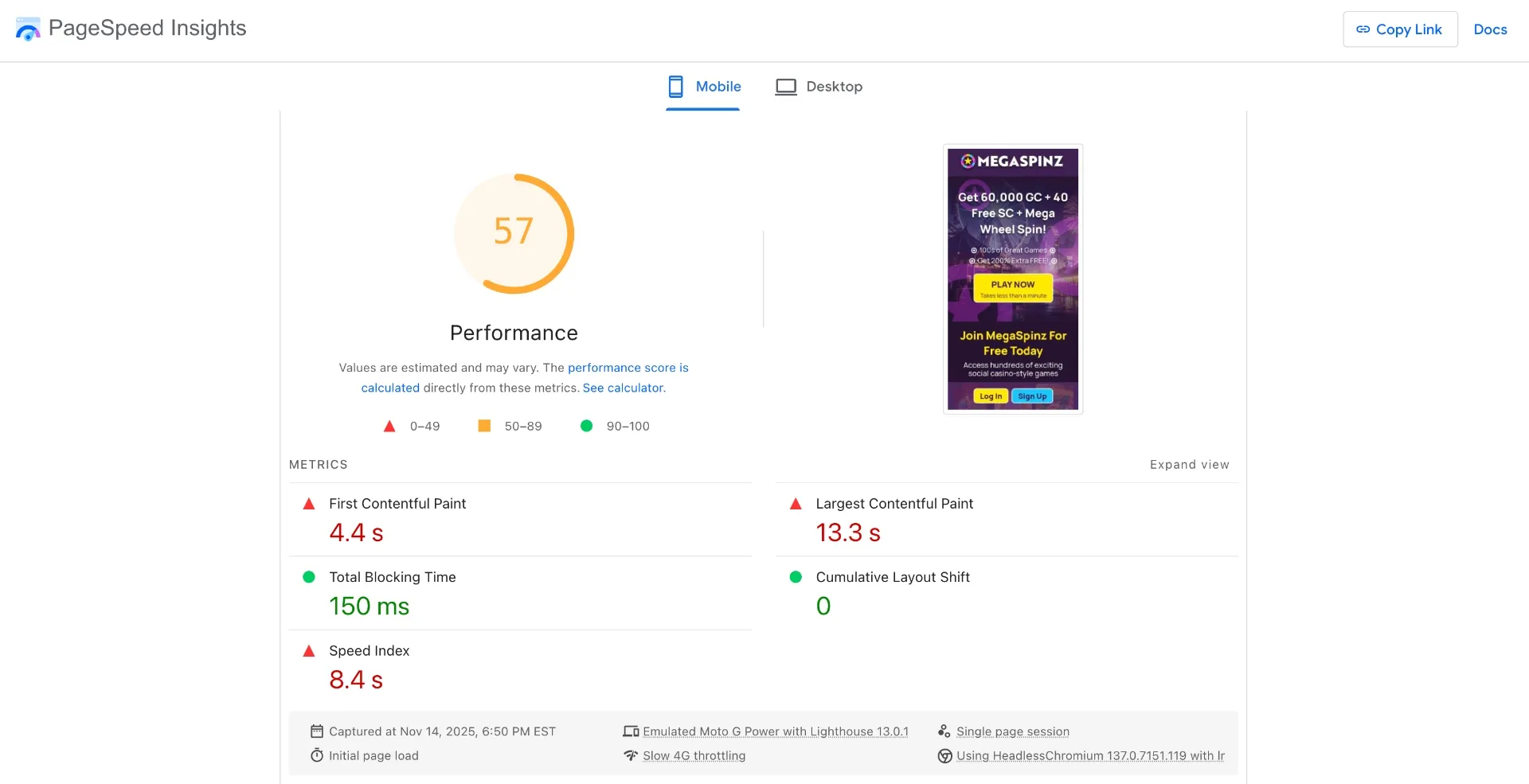 MegaSpinz user experience and site performance