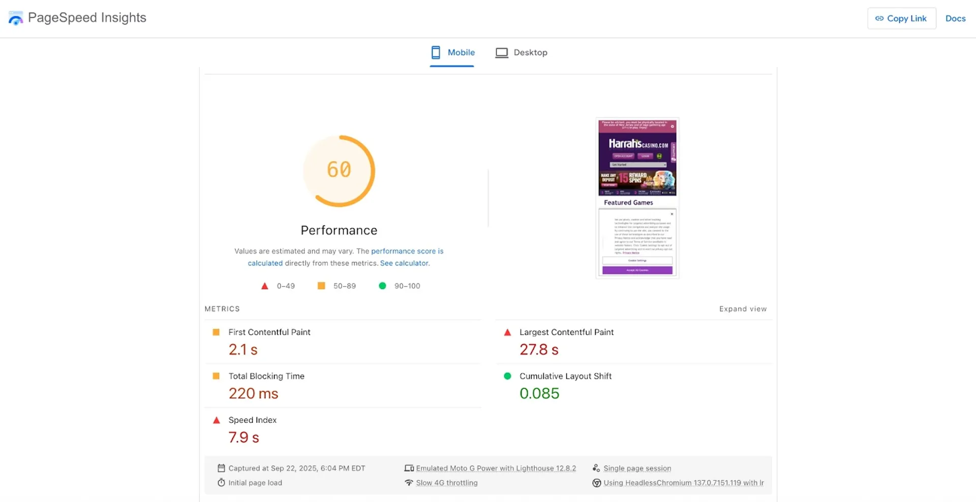 User experience and site performance of Harrah's casino