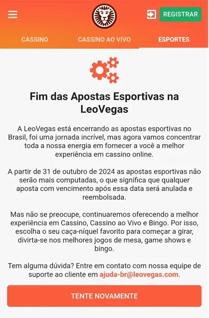 comunicado da LeoVegas sobre o fim das apostas esportivas