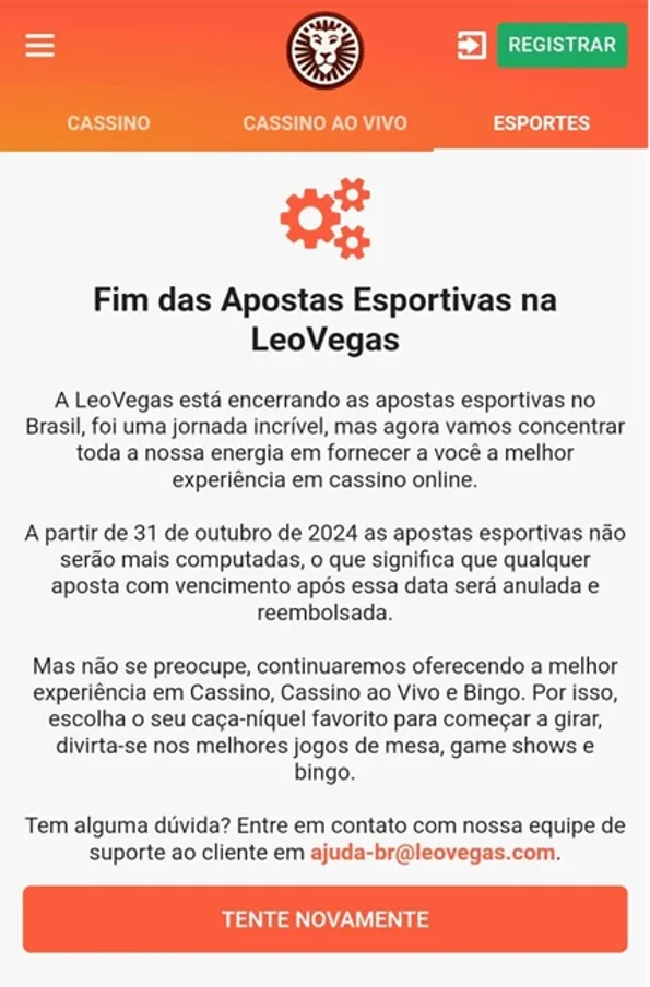 comunicado da LeoVegas sobre o fim das apostas esportivas