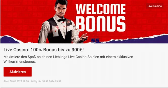 55Bet Live Casino Willkommensbonus