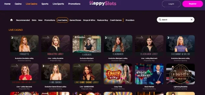 Browsing HappySlots' live casino lobby