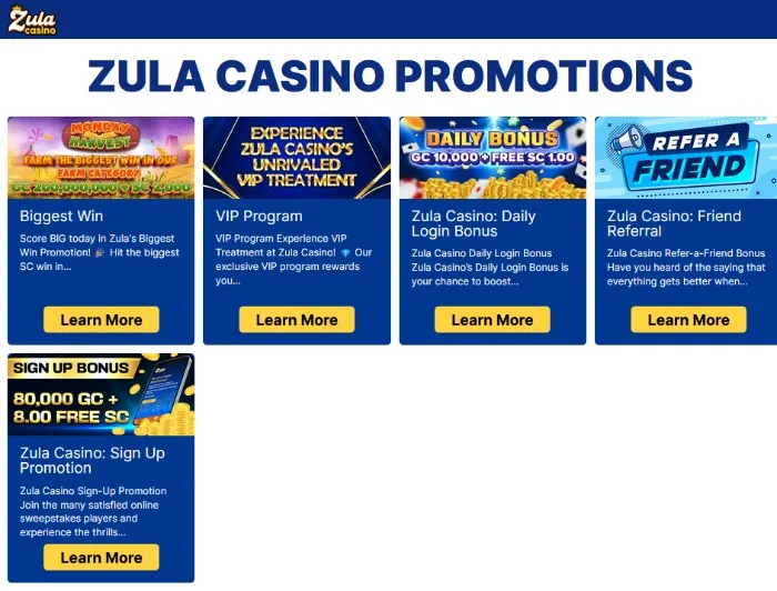 Bonuses available at Zula Casino