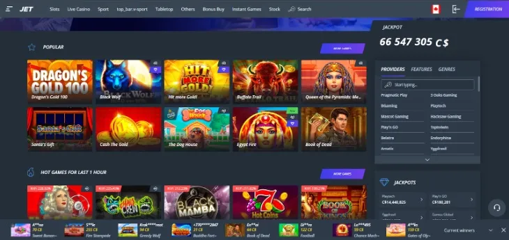 JET Casino's game selection