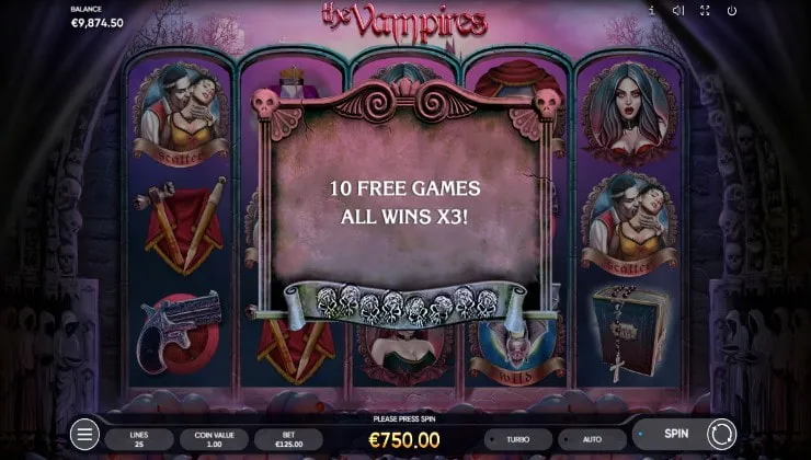 The free spins round hits in The Vampires