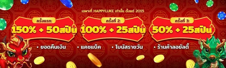 Happyluke โปรฝาก 100 รับเพิ่ม 150 + ฟรีสปิน