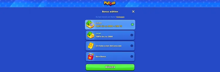 Pistolo Registrierungsbonus