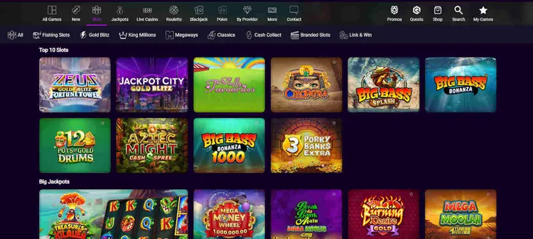 Jackpot City Casino game lobby showing slots and Megaways titles