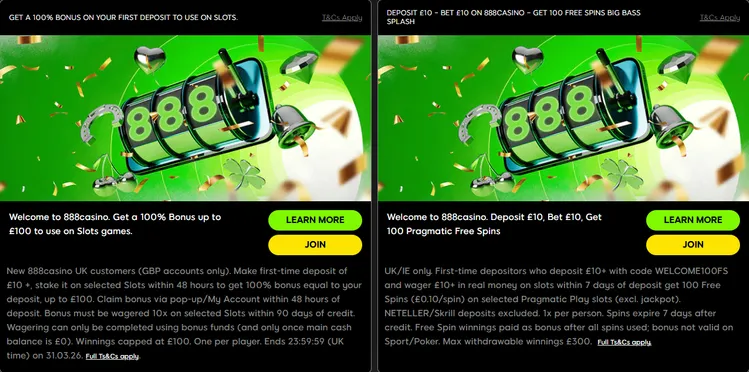 Interfaz de promociones de 888casino mostrando bonos de bienvenida