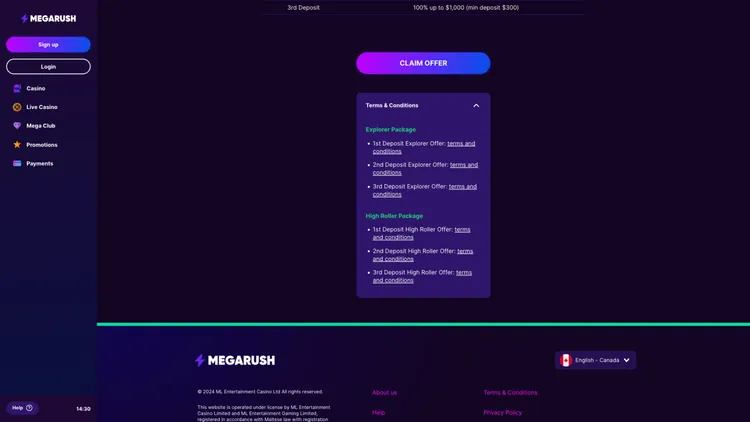 MegaRush Casino Review for Canadian Android Players