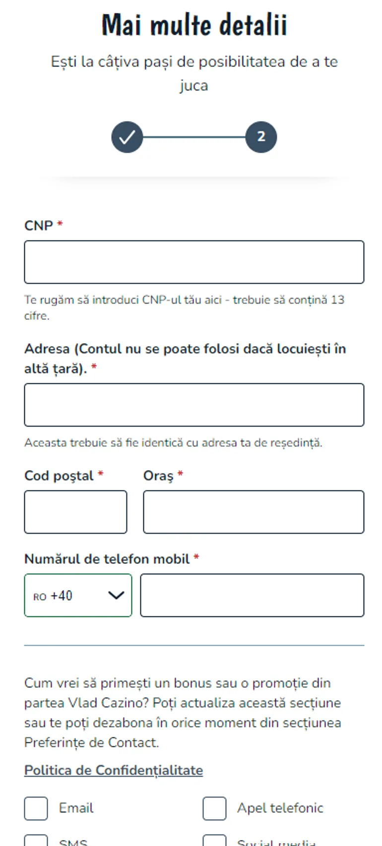 Pasul 2 Inregistrare Vlad Cazino